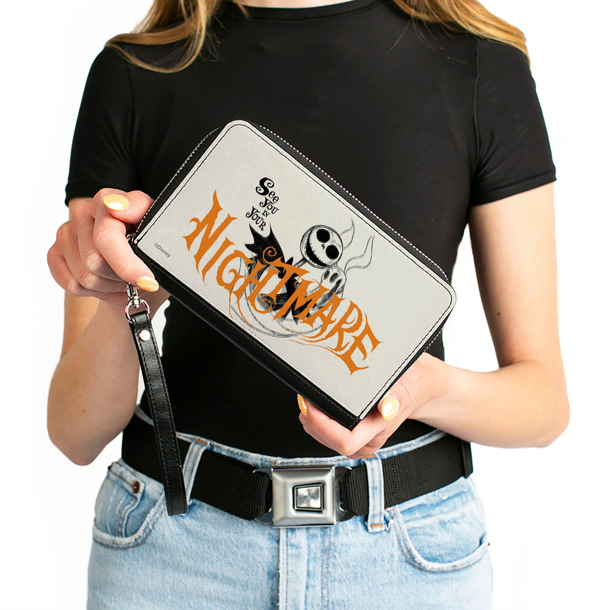 Women's PU Zip Around Wallet Rectangle - Nightmare Before Christmas Jack and Zero SEE YOU IN YOUR NIGHTMARE Pose White Black Orange