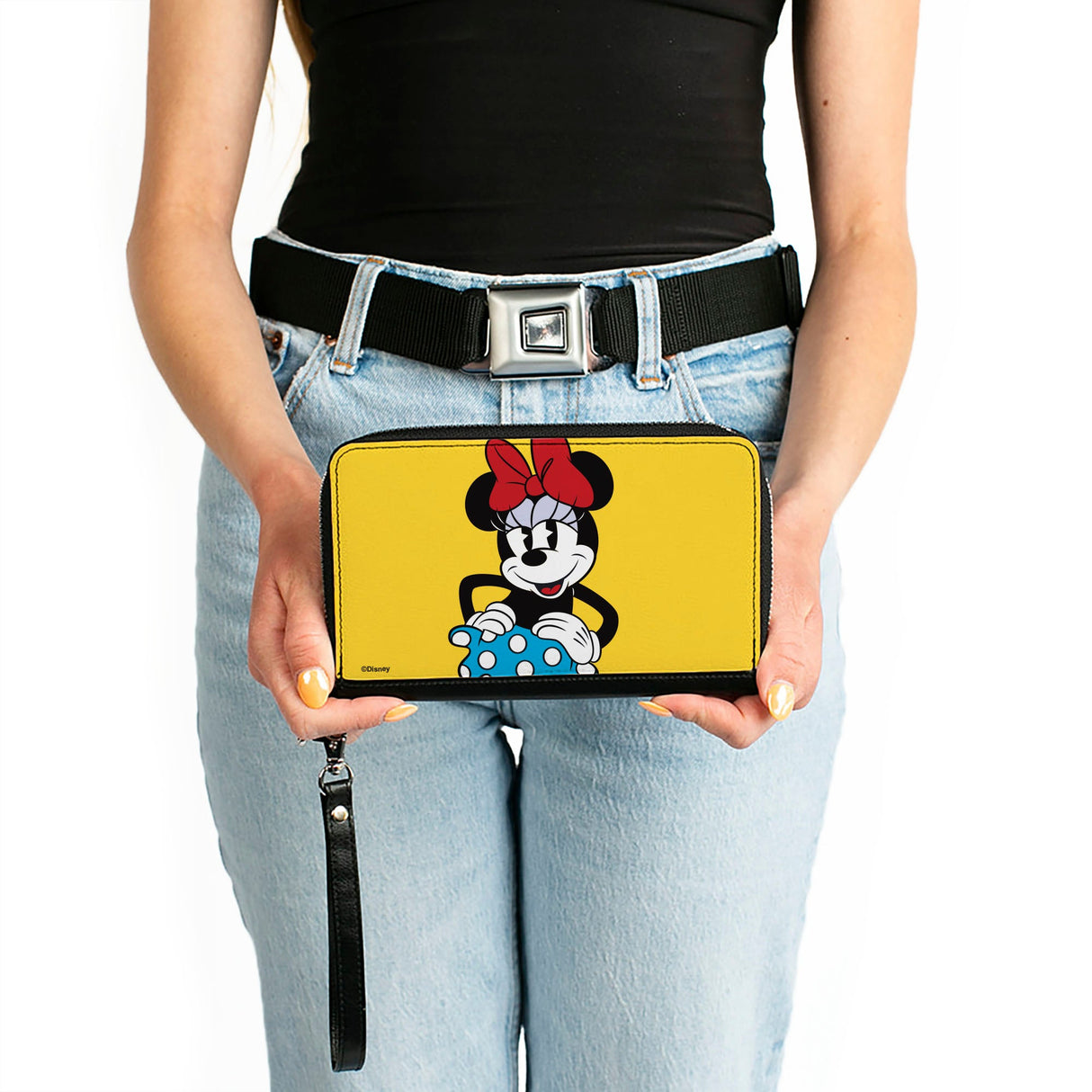 Women's PU Zip Around Wallet Rectangle - Minnie Style Smiling Pose Yellow