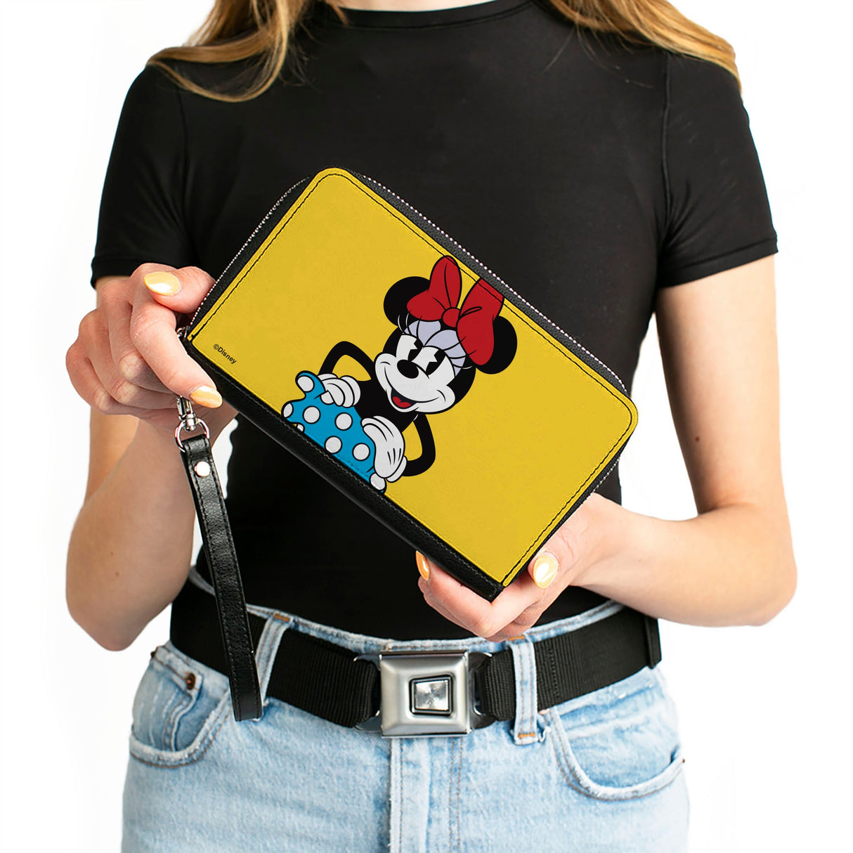 Women's PU Zip Around Wallet Rectangle - Minnie Style Smiling Pose Yellow