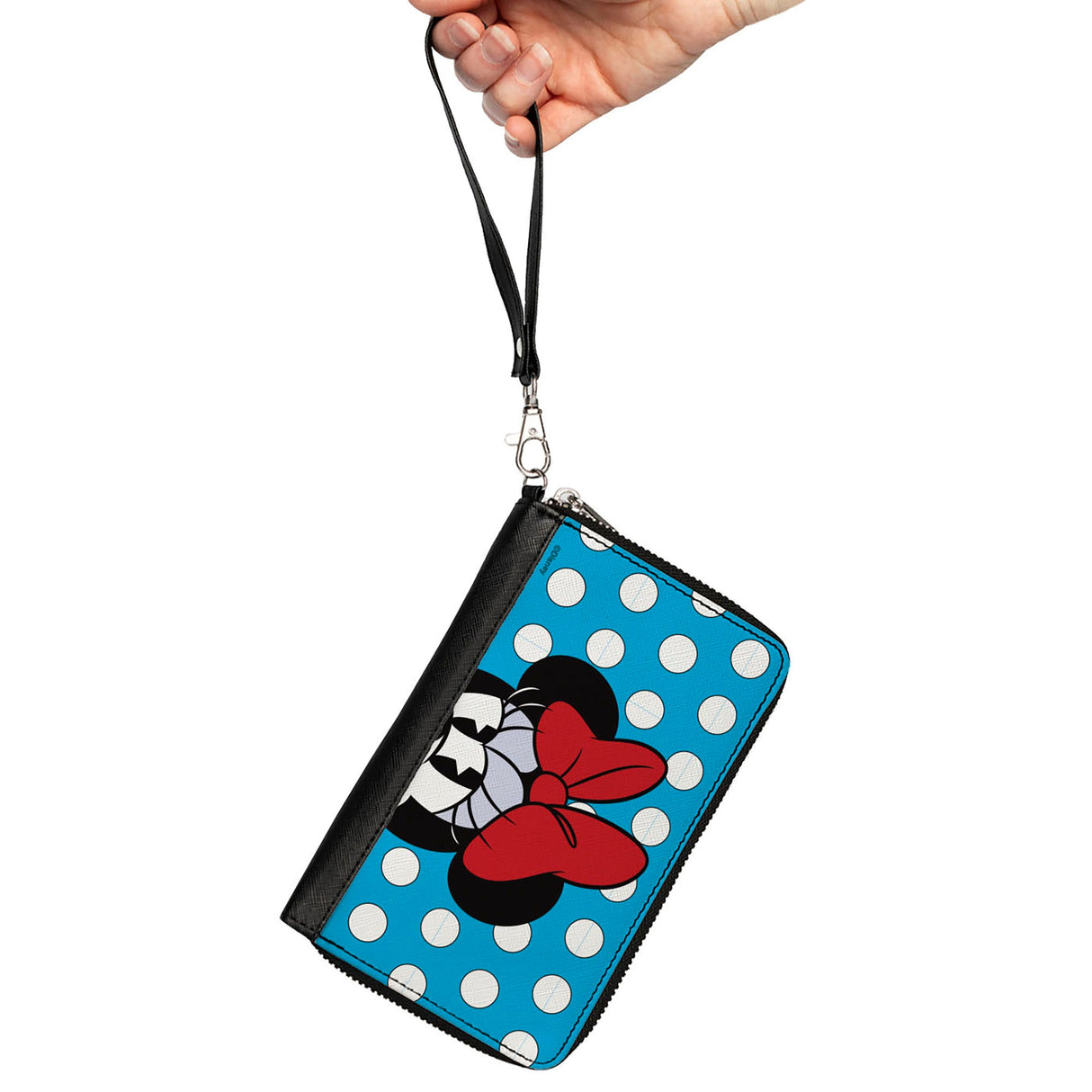 Women's PU Zip Around Wallet Rectangle - Minnie Style Face CLOSE-UP Dots Blue White