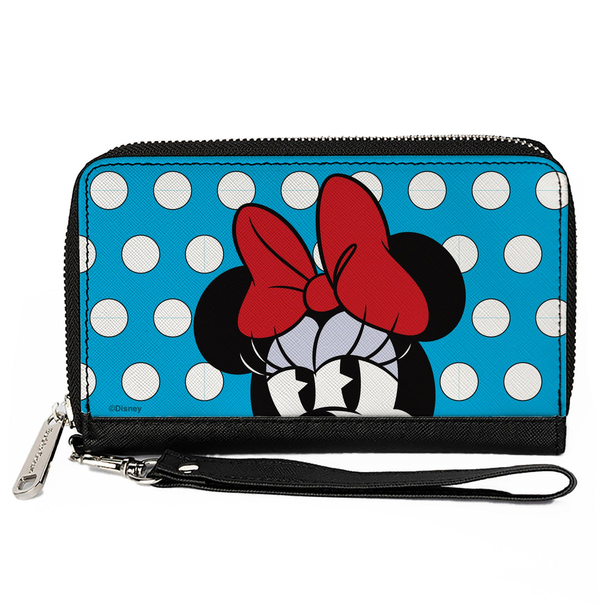 Women's PU Zip Around Wallet Rectangle - Minnie Style Face CLOSE-UP Dots Blue White