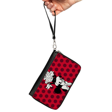 Women's PU Zip Around Wallet Rectangle - Vintage Minnie Mouse Over the Shoulder Pose Dots Reds Black White