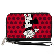 Women's PU Zip Around Wallet Rectangle - Vintage Minnie Mouse Over the Shoulder Pose Dots Reds Black White