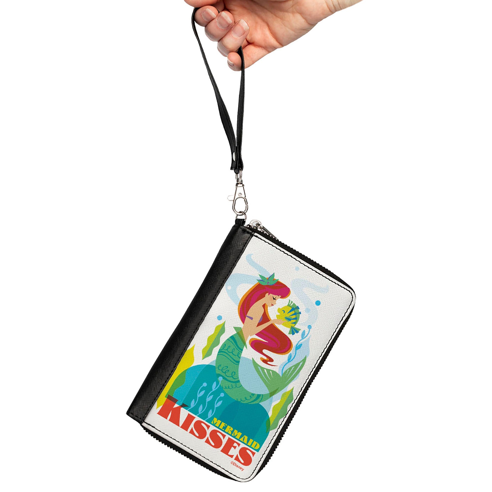 PU Zip Around Wallet Rectangle - The Little Mermaid Ariel and Flounder MERMAID KISSES Pose White Multi Color