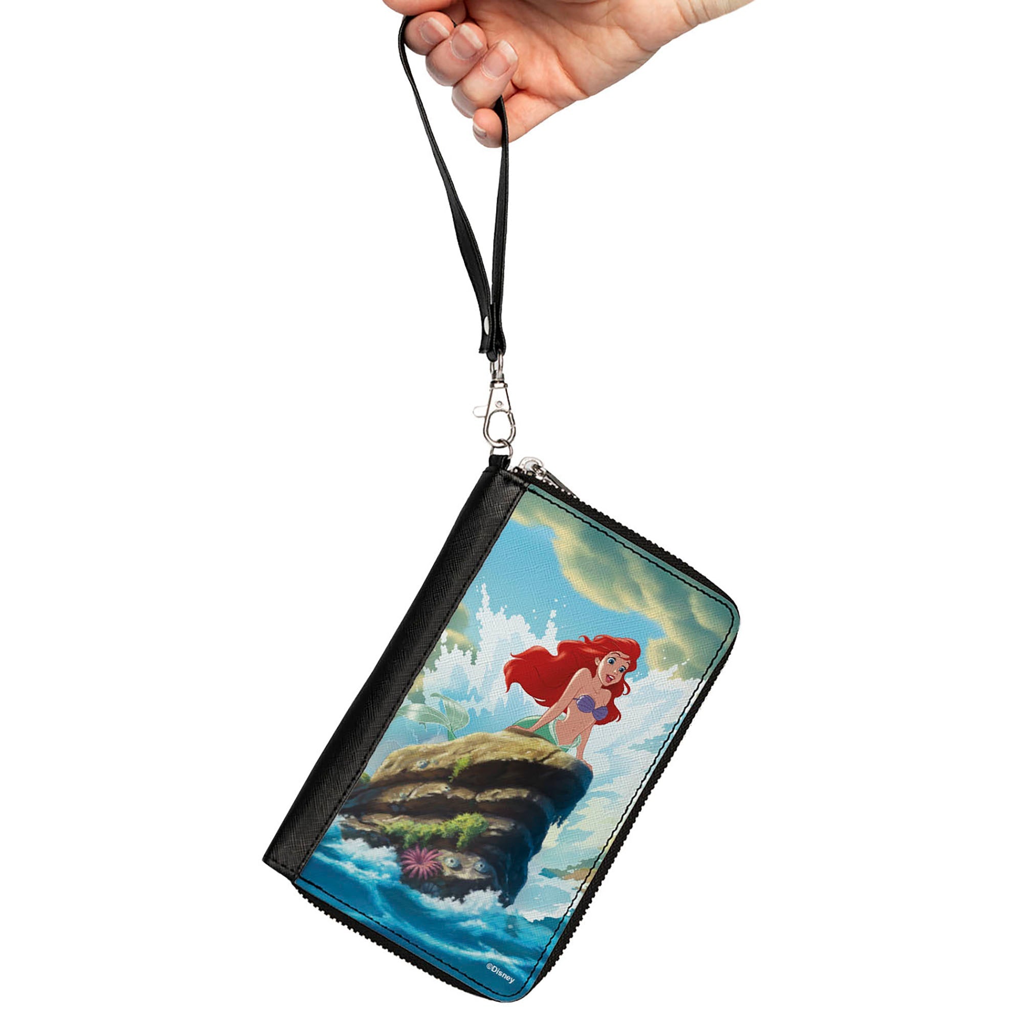 PU Zip Around Wallet Rectangle - The Little Mermaid Ariel Splash Rock Pose