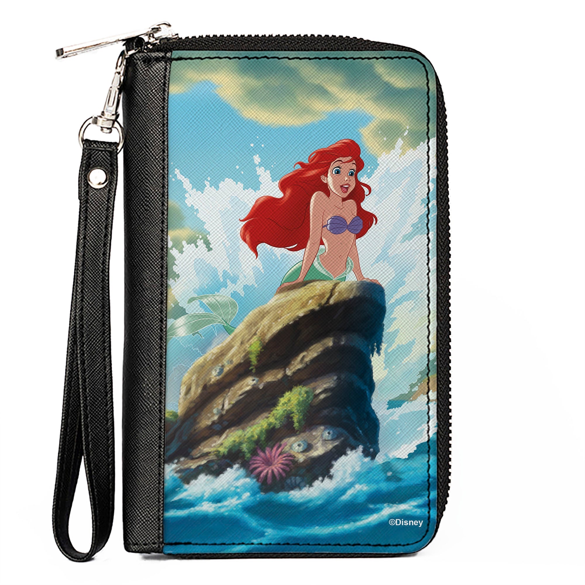 PU Zip Around Wallet Rectangle - The Little Mermaid Ariel Splash Rock Pose