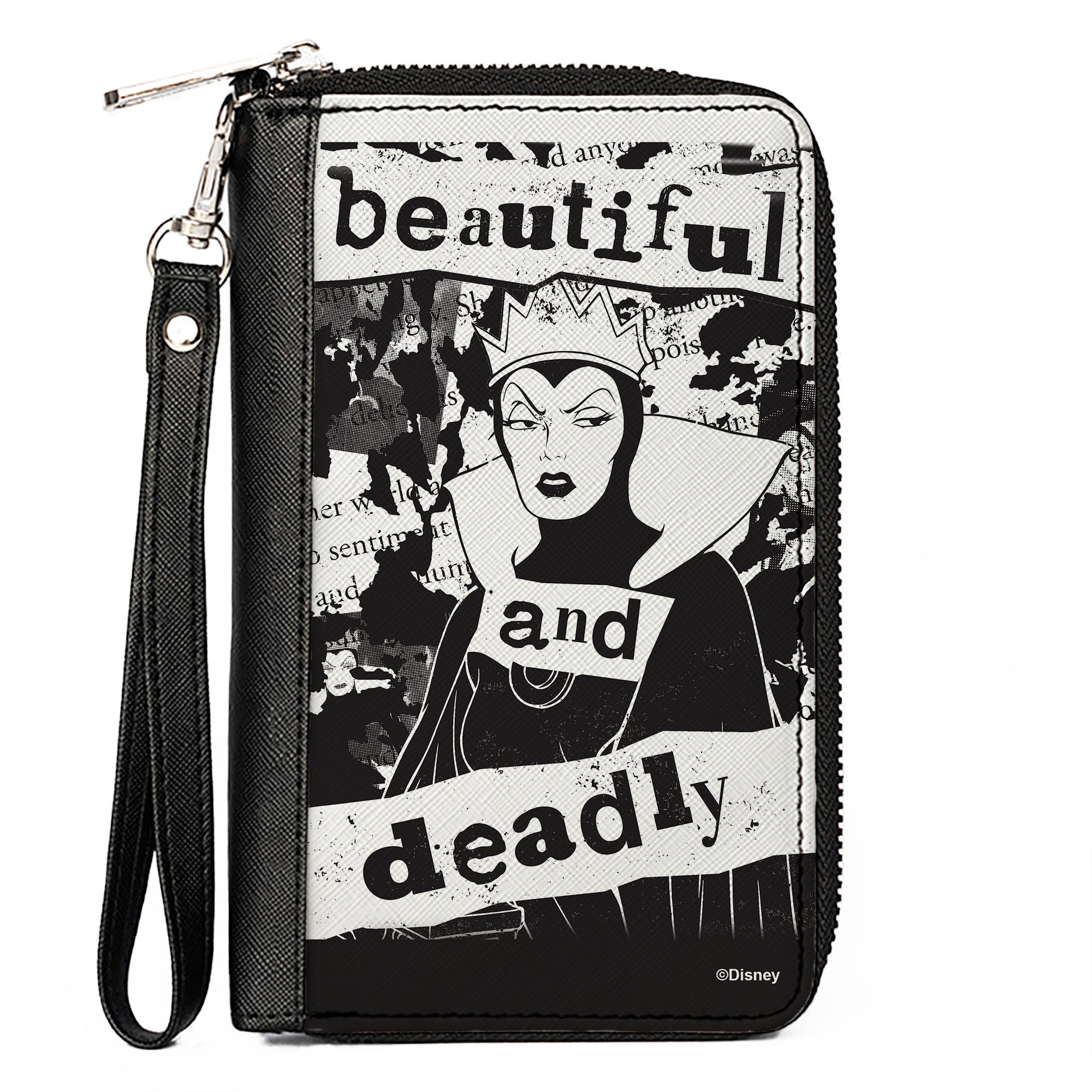 PU Zip Around Wallet Rectangle - Snow White Evil Queen BEAUTIFUL AND DEADLY Pose Black/White