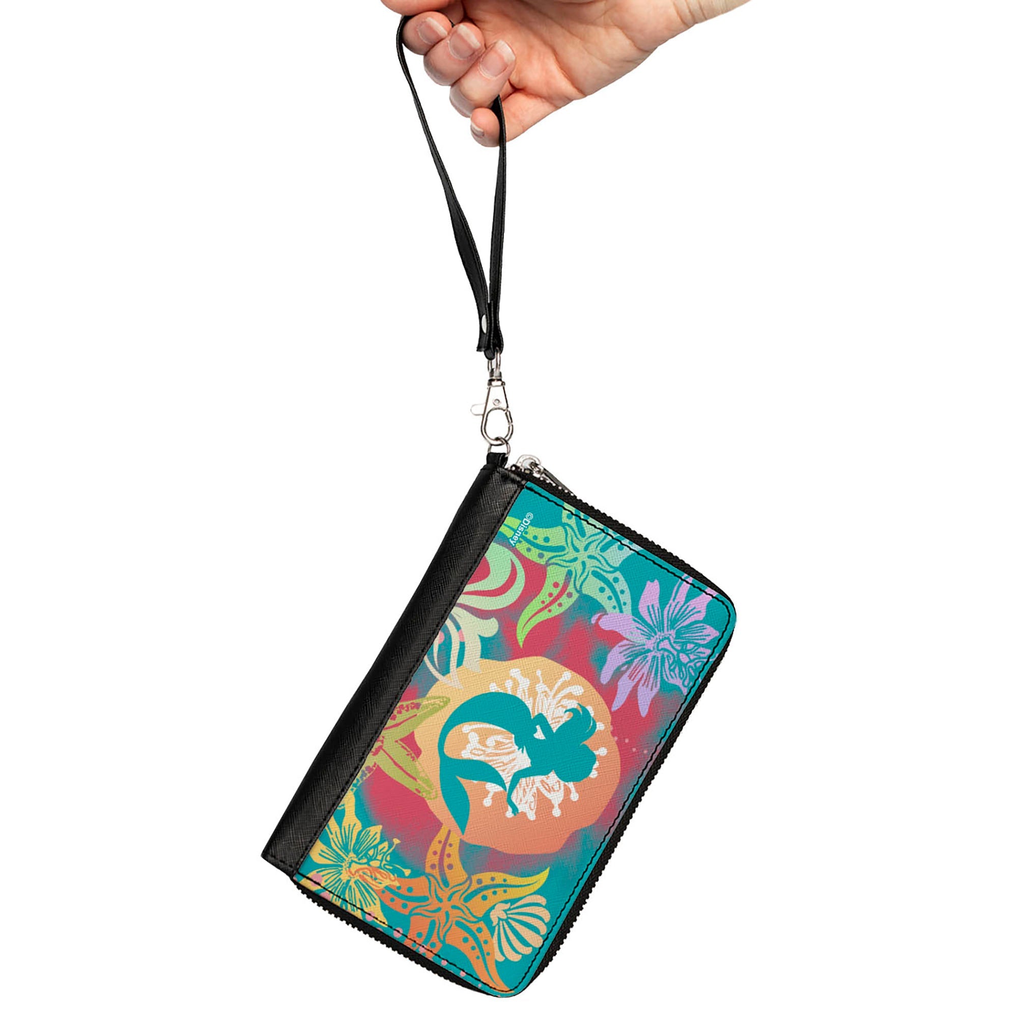 PU Zip Around Wallet Rectangle - Ariel Pose Silhouette/Shells & Sea Flowers Collage Aqua Blue/Multi Color