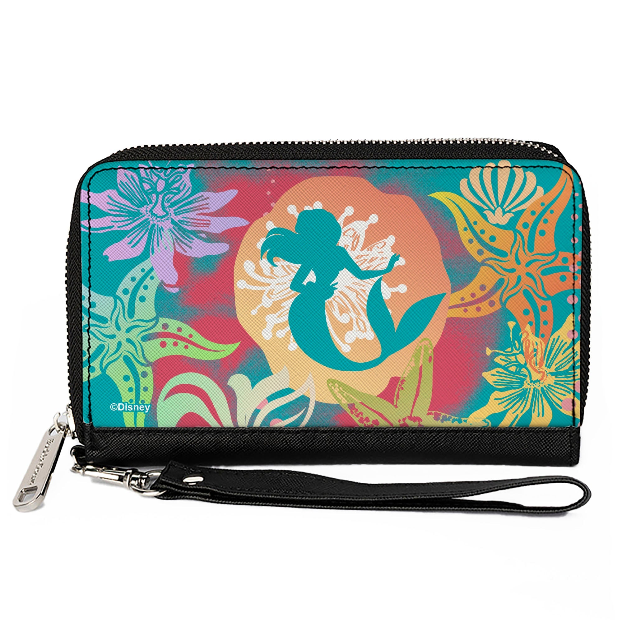 PU Zip Around Wallet Rectangle - Ariel Pose Silhouette/Shells & Sea Flowers Collage Aqua Blue/Multi Color