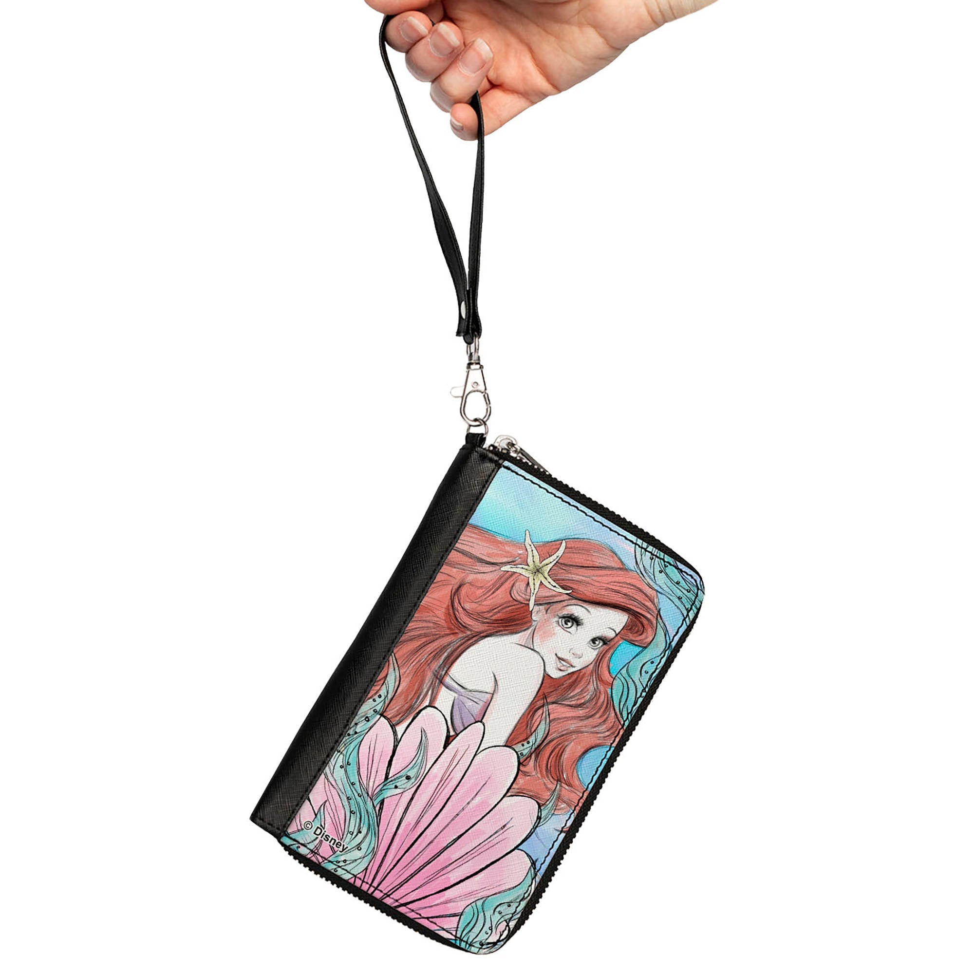 PU Zip Around Wallet Rectangle - The Little Mermaid Ariel Over Shoulder Sketch Pose Blues/Pinks