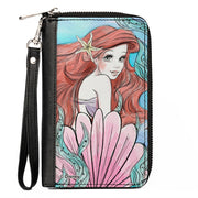 PU Zip Around Wallet Rectangle - The Little Mermaid Ariel Over Shoulder Sketch Pose Blues/Pinks