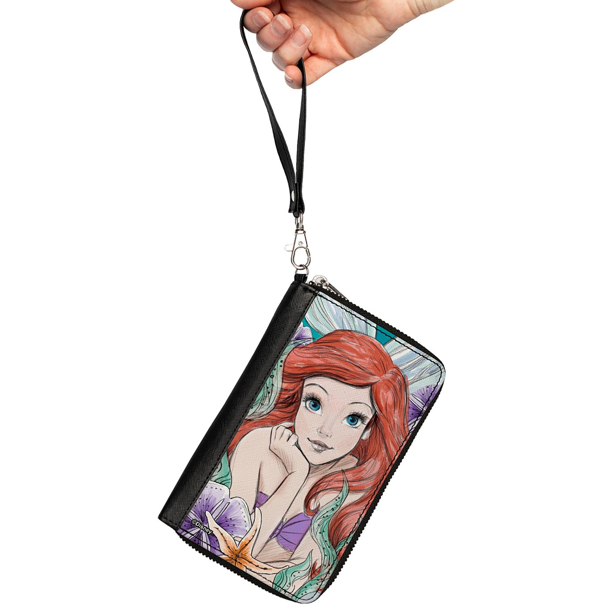 PU Zip Around Wallet Rectangle - The Little Mermaid Ariel Sketch3 Pose + King Triton's Castle/Shells/Kelp Blues/Purples