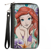 PU Zip Around Wallet Rectangle - The Little Mermaid Ariel Sketch3 Pose + King Triton's Castle/Shells/Kelp Blues/Purples