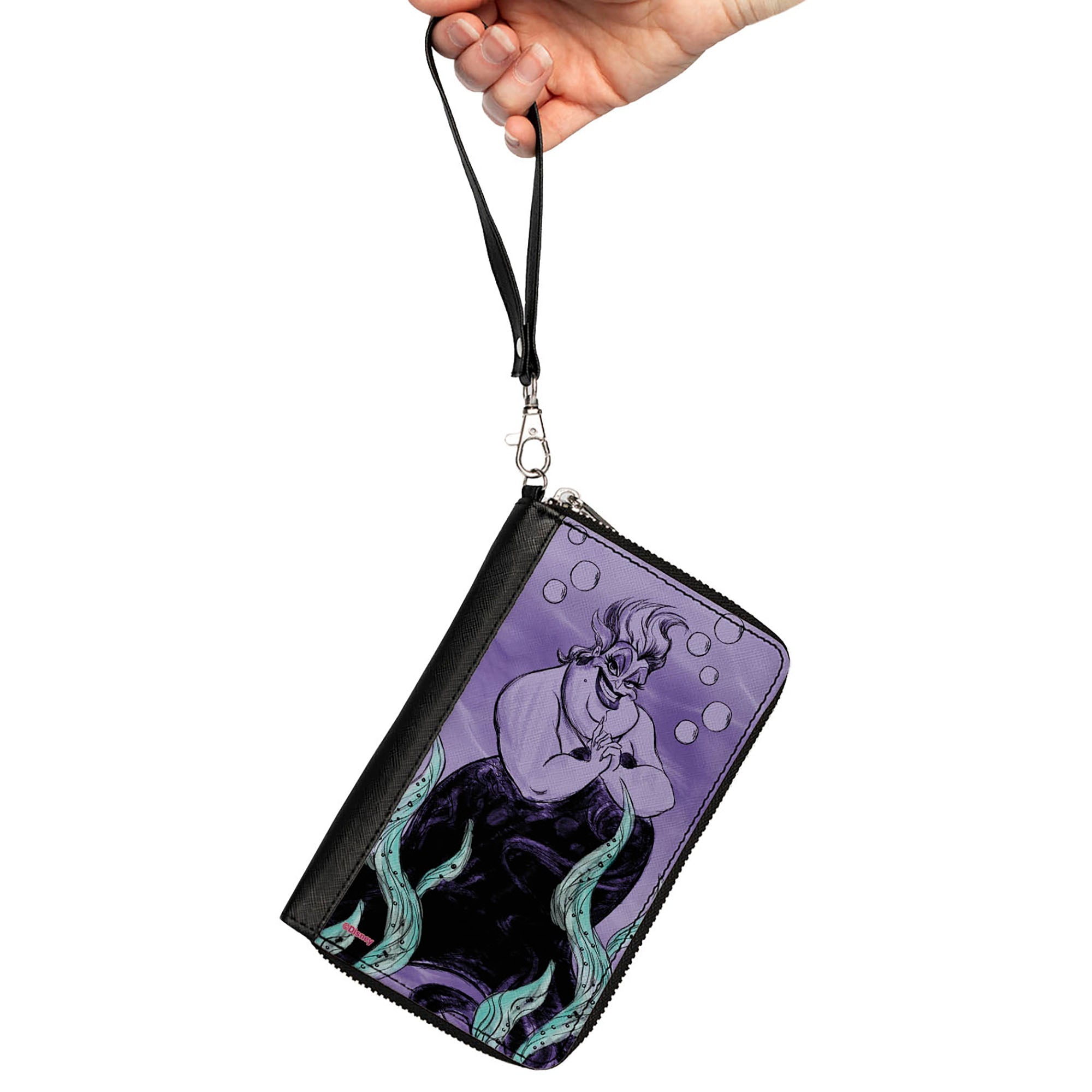 PU Zip Around Wallet Rectangle - The Little Mermaid Ursula Smiling Sketch Pose/Kelp Purples/Blues