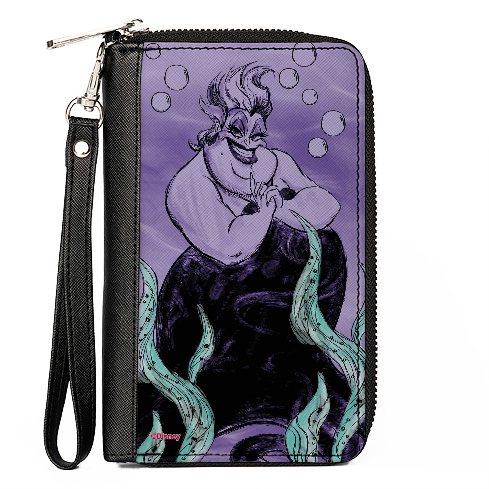 PU Zip Around Wallet Rectangle - The Little Mermaid Ursula Smiling Sketch Pose/Kelp Purples/Blues