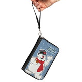 Women's PU Zip Around Wallet Rectangle - FROSTY THE SNOWMAN Waving Pose Blue White