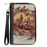 Women's PU Zip Around Wallet Rectangle - Harry Potter Hogwarts Castle Floral Collage Gray