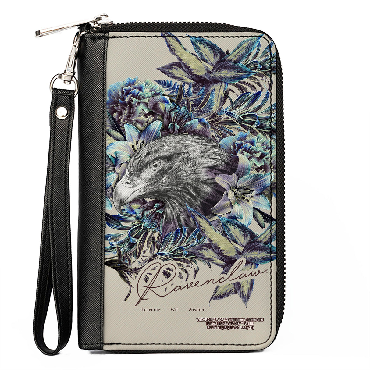 Women's PU Zip Around Wallet Rectangle - Harry Potter RAVENCLAW Floral Eagle Sketch Grays Blues