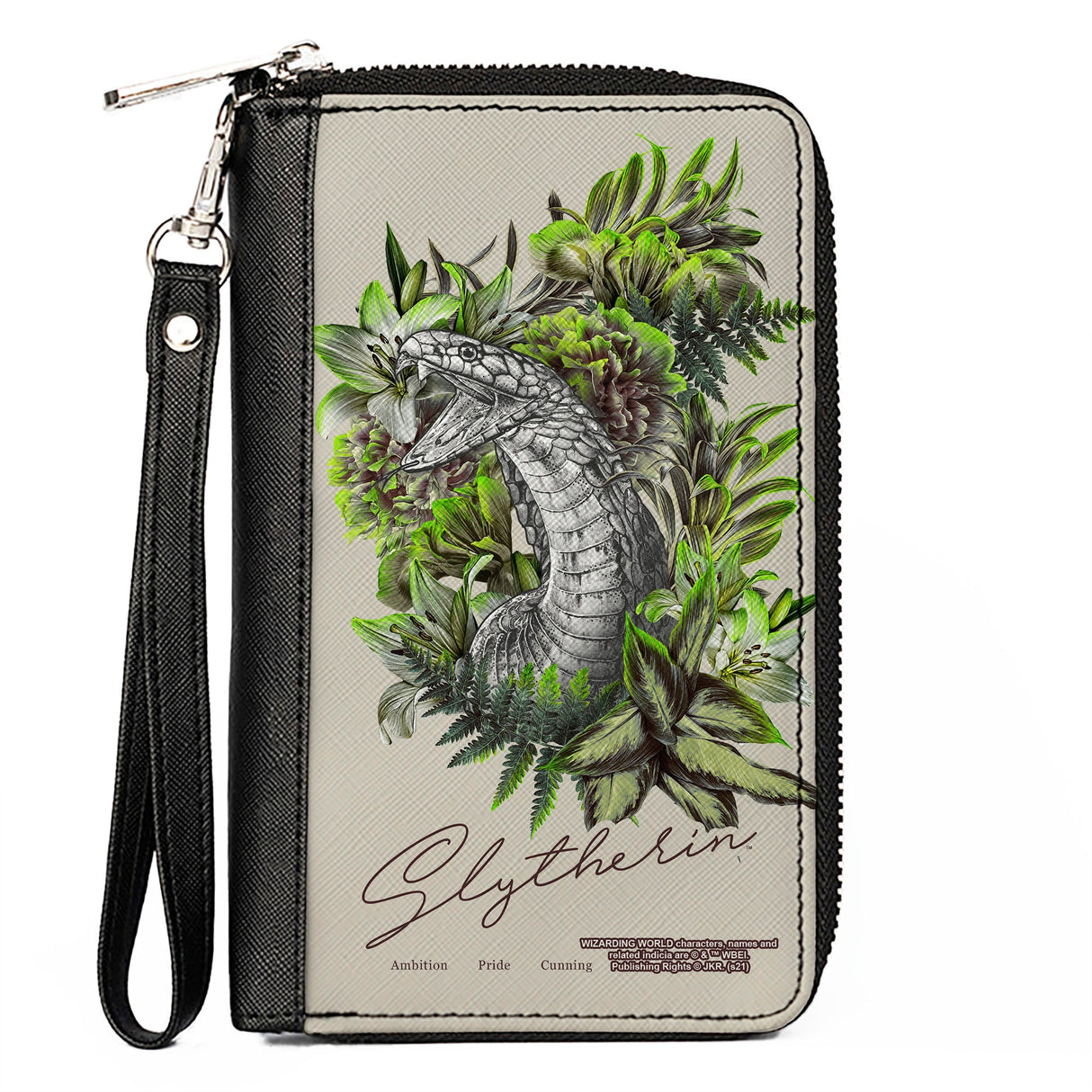 Women's PU Zip Around Wallet Rectangle - Harry Potter SLYTHERIN Floral Serpent Sketch Grays Greens