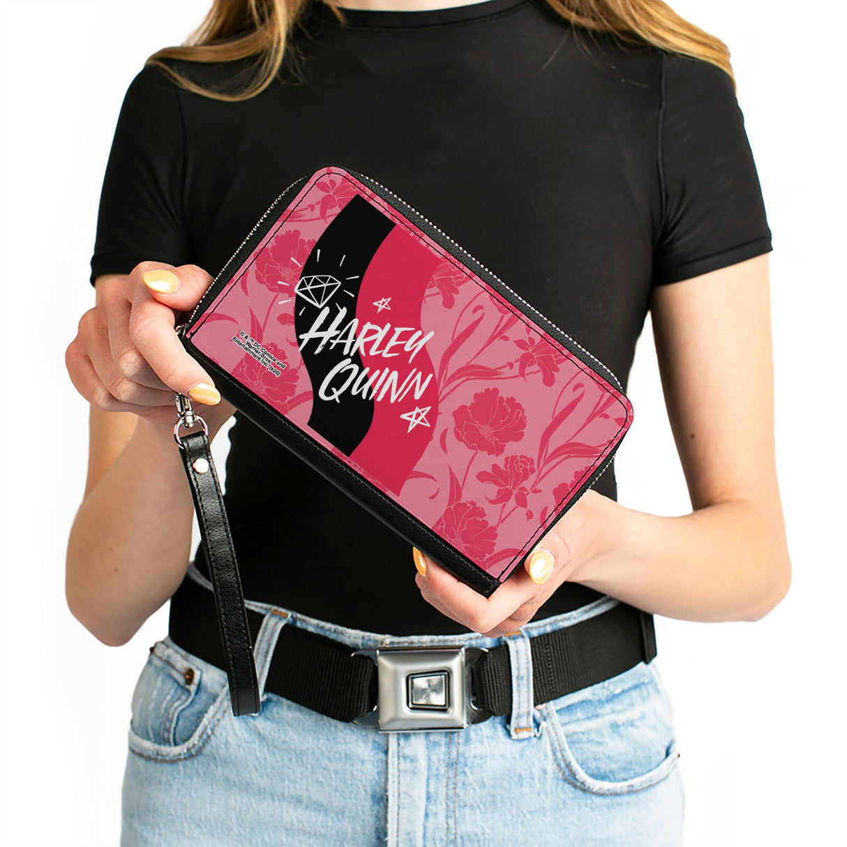 Women's PU Zip Around Wallet Rectangle - Birds of Prey HARLEY QUINN Text Diamond Stars Flowers Pinks Black White