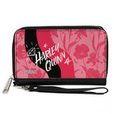 Women's PU Zip Around Wallet Rectangle - Birds of Prey HARLEY QUINN Text Diamond Stars Flowers Pinks Black White