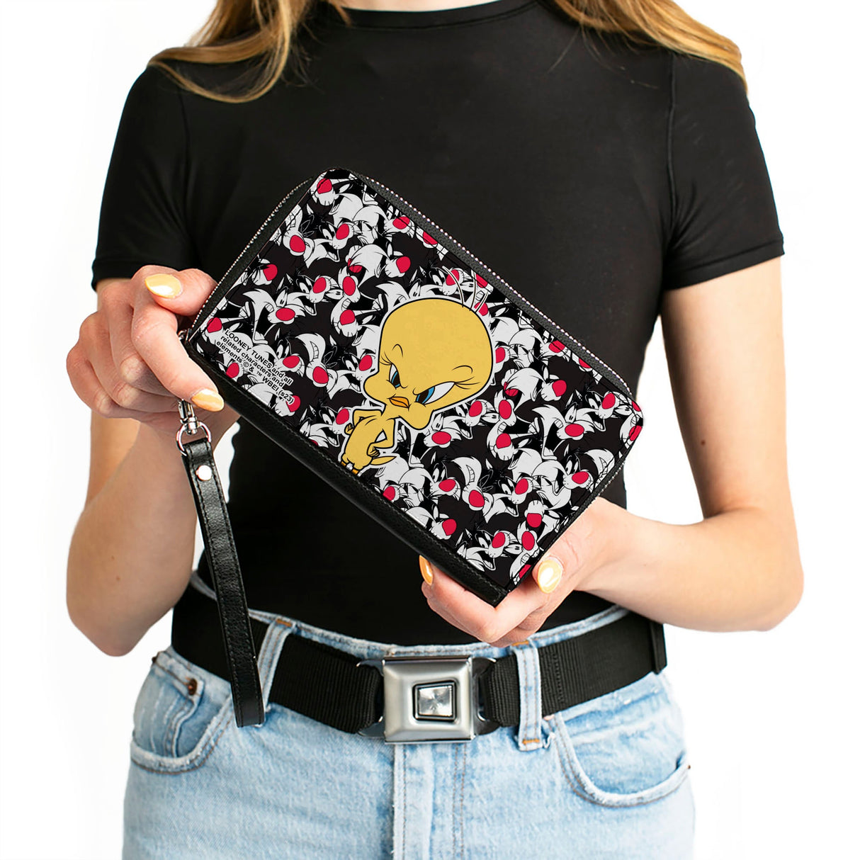 PU Zip Around Wallet Rectangle - Tweety Pose/Sylvester the Cat Expressions Stacked Black/White/Red