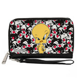 PU Zip Around Wallet Rectangle - Tweety Pose/Sylvester the Cat Expressions Stacked Black/White/Red