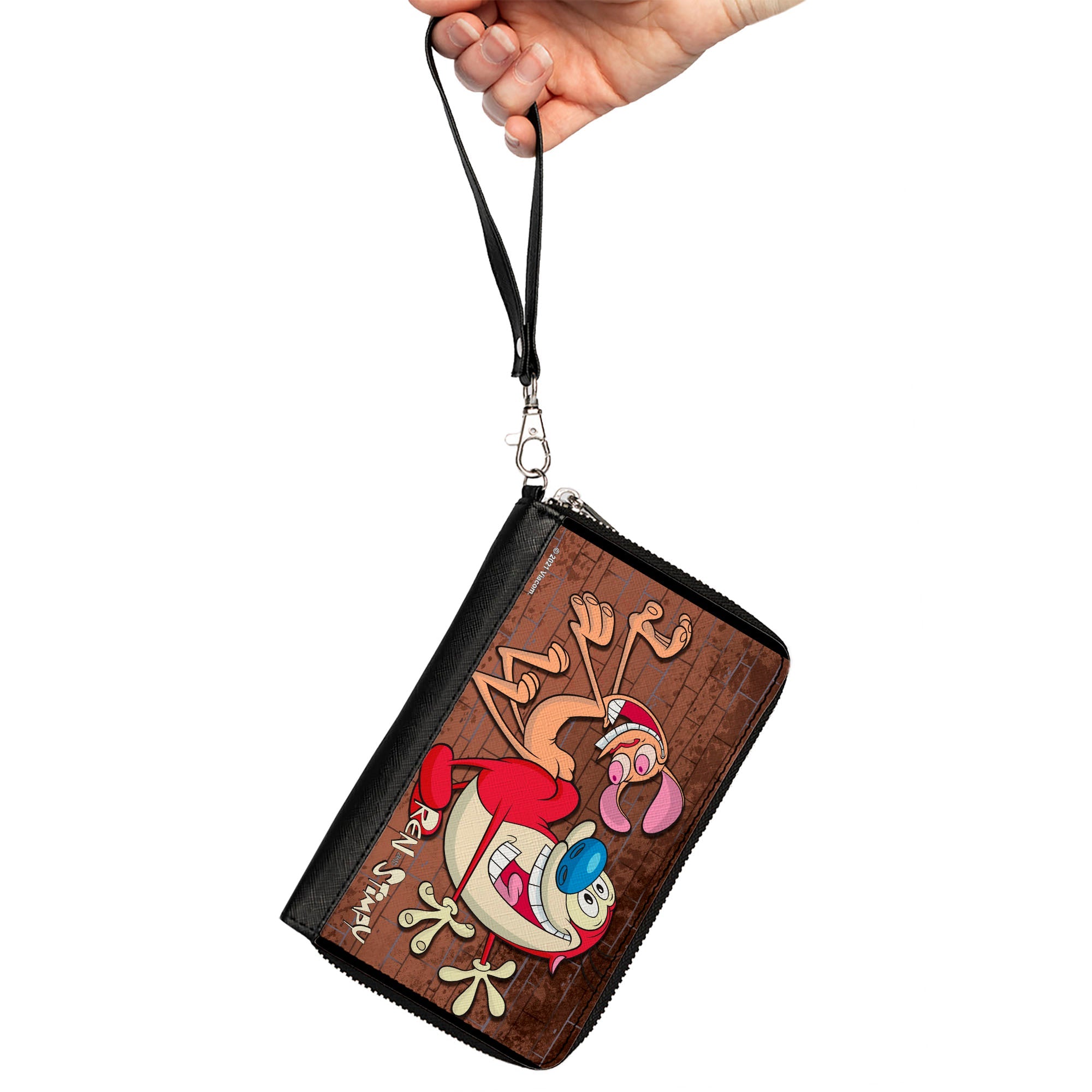 PU Zip Around Wallet Rectangle - The Ren & Stimpy Show Booty Bump Pose Brick Wall Browns