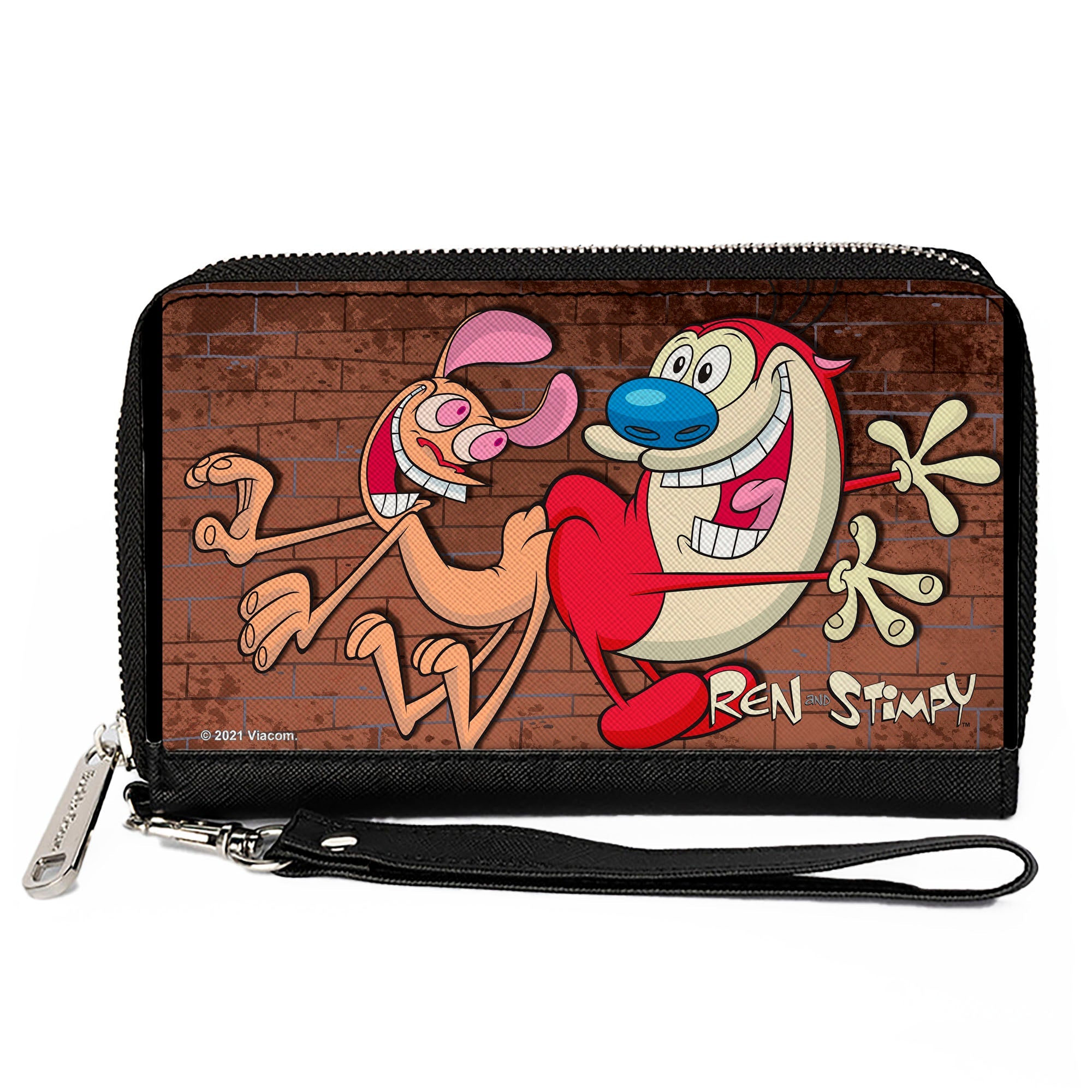 PU Zip Around Wallet Rectangle - The Ren & Stimpy Show Booty Bump Pose Brick Wall Browns