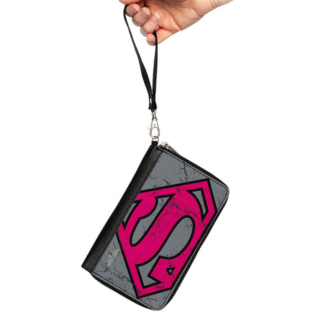 Women's PU Zip Around Wallet Rectangle - Superman Shield CLOSE-UP Weathered Grays Black Pink