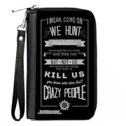 PU Zip Around Wallet Rectangle - Supernatural Dean CRAZY PEOPLE Quote/Winchester Pentagram Black/Grays