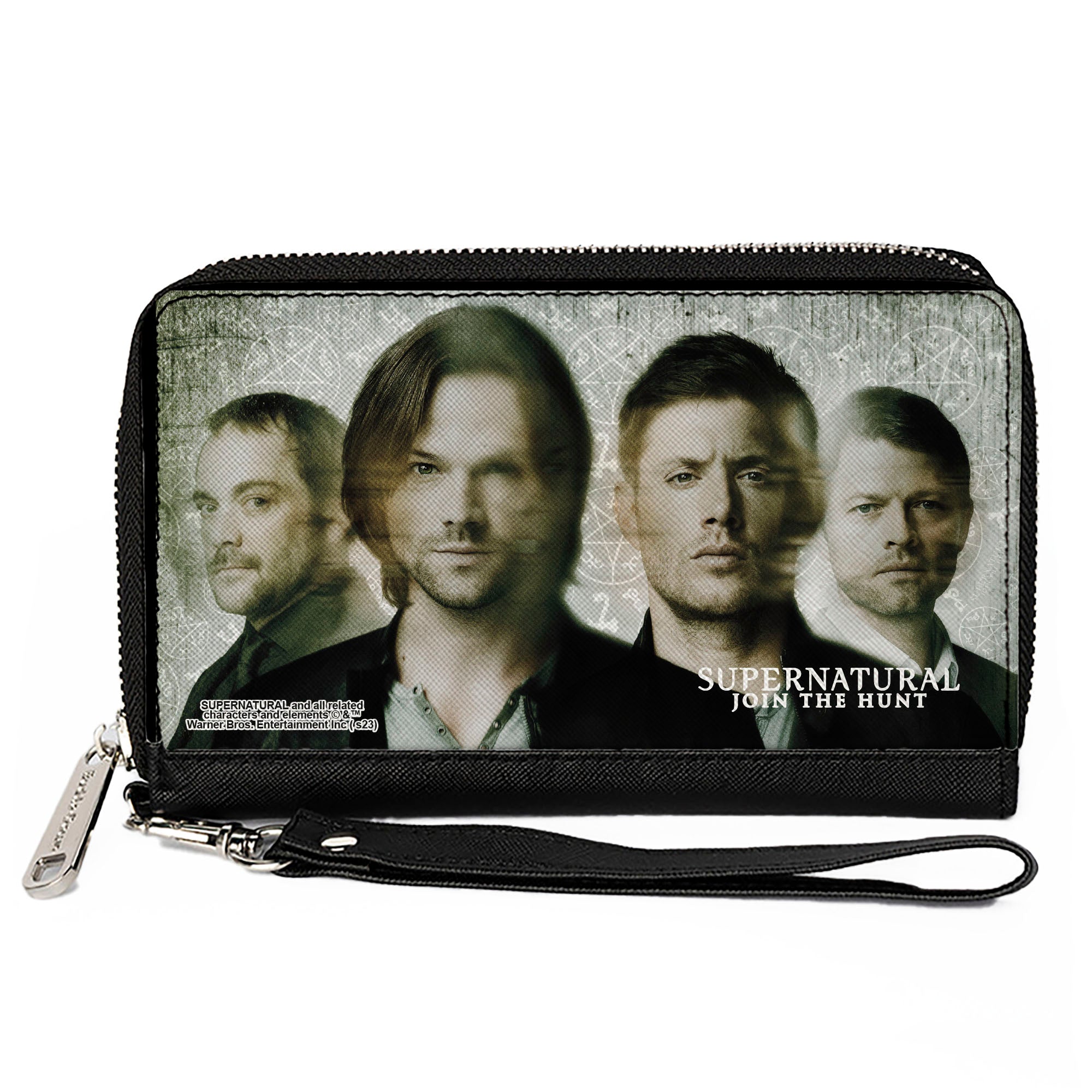 PU Zip Around Wallet Rectangle - Supernatural 4-Character Face Blur and Symbols Grays/Black