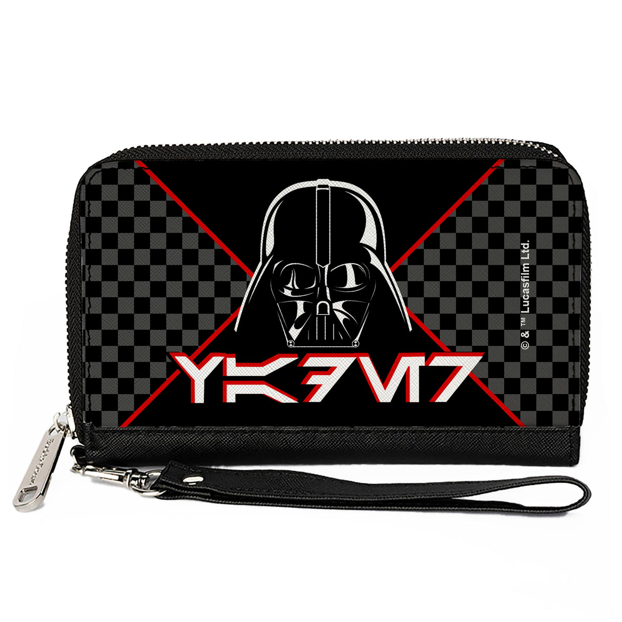 Women's PU Zip Around Wallet Rectangle - Star Wars Darth Vader Face Aurebesh VADER Checker Black Grays Red White