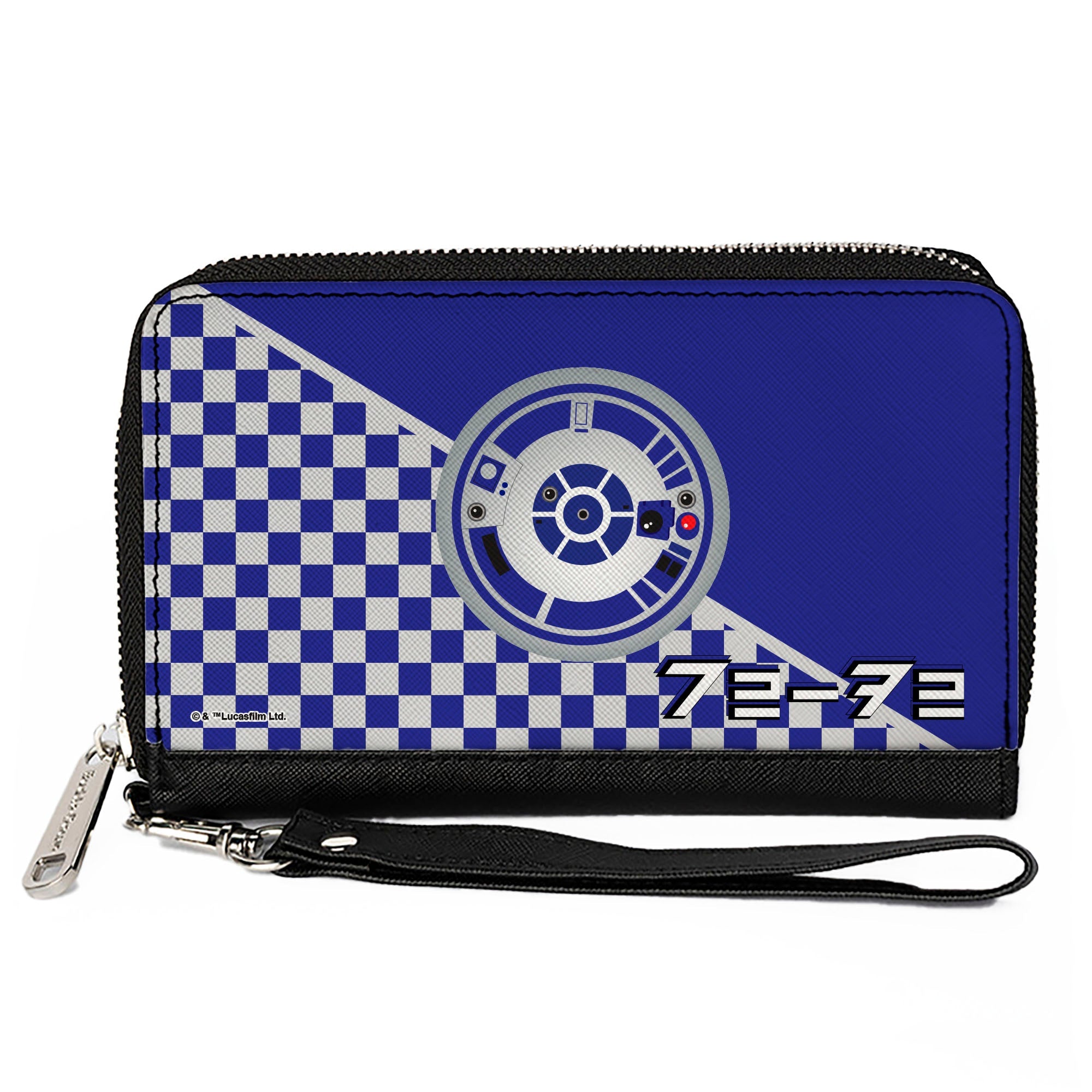 Women's PU Zip Around Wallet Rectangle - Star Wars R2-D2 Top View and Aurebesh Checker Blue White