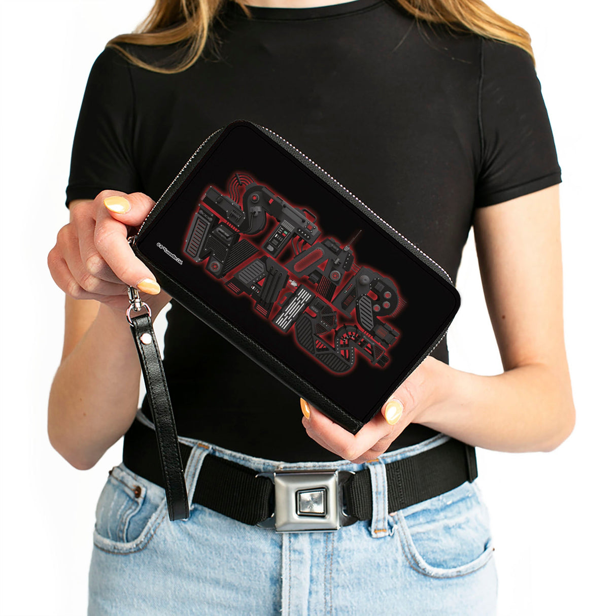 Women's PU Zip Around Wallet Rectangle - STAR WARS Logo Black Reds Grays