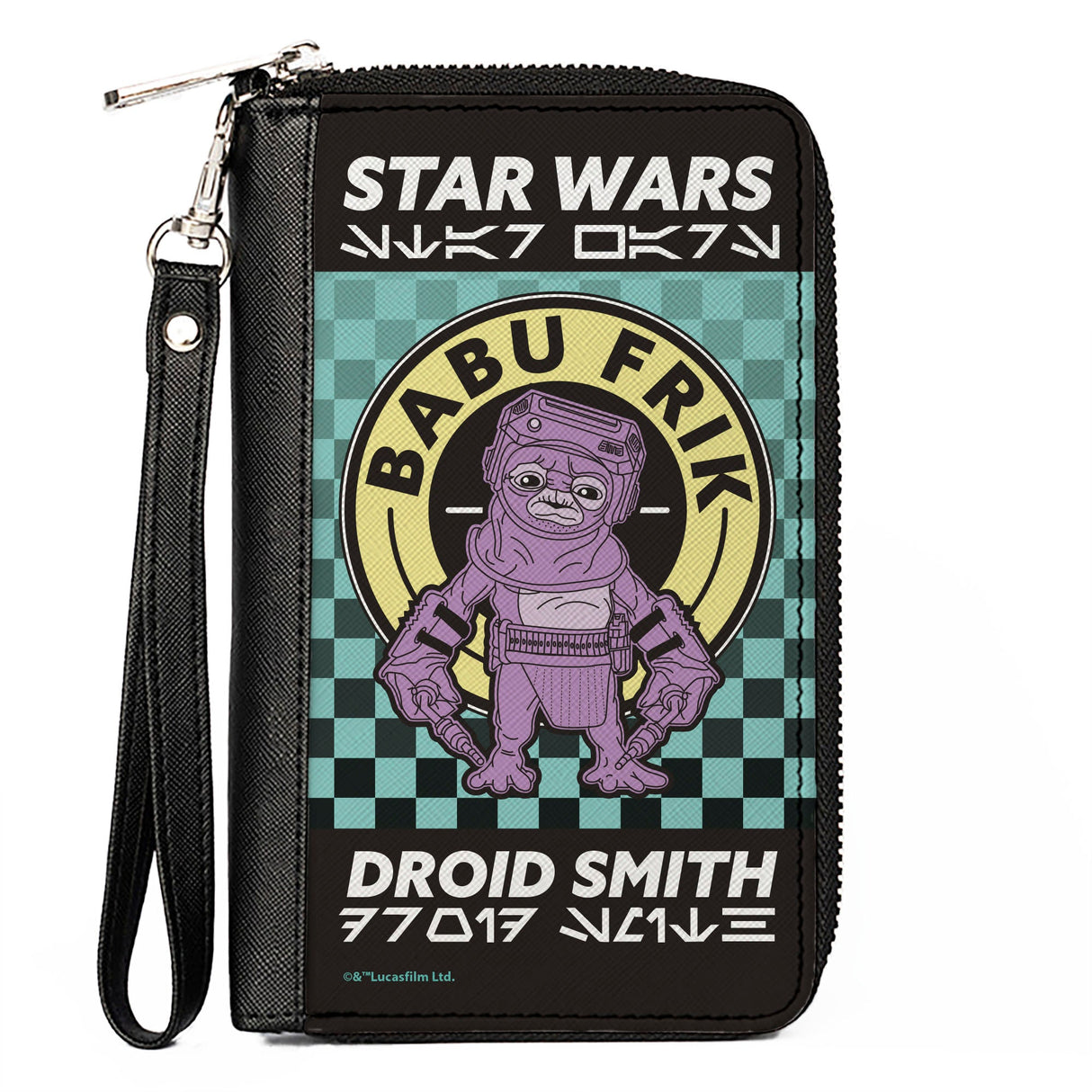 Women's PU Zip Around Wallet Rectangle - STAR WARS BABU FRIK DROIDSMITH Aurebesh Checker Teal Black White