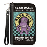 Women's PU Zip Around Wallet Rectangle - STAR WARS BABU FRIK DROIDSMITH Aurebesh Checker Teal Black White