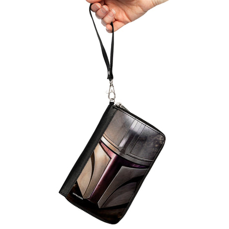 Women's PU Zip Around Wallet Rectangle - Star Wars The Mandalorian Helmet CLOSE-UP Grays Purples