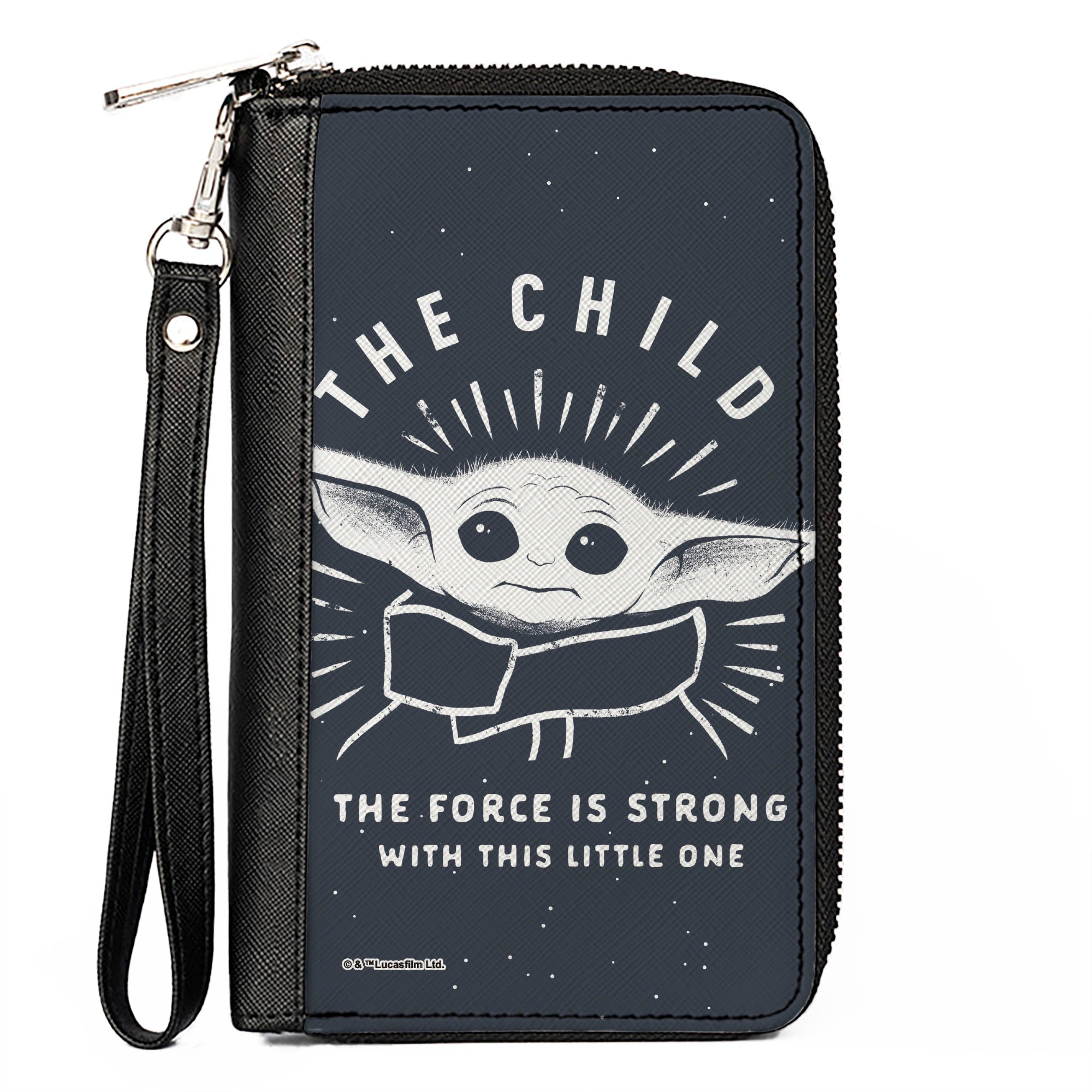 Women's PU Zip Around Wallet Rectangle - Star Wars THE CHILD Stylized Pose THE FORCE IS STRONG WITH THIS LITTLE ONE Gray White