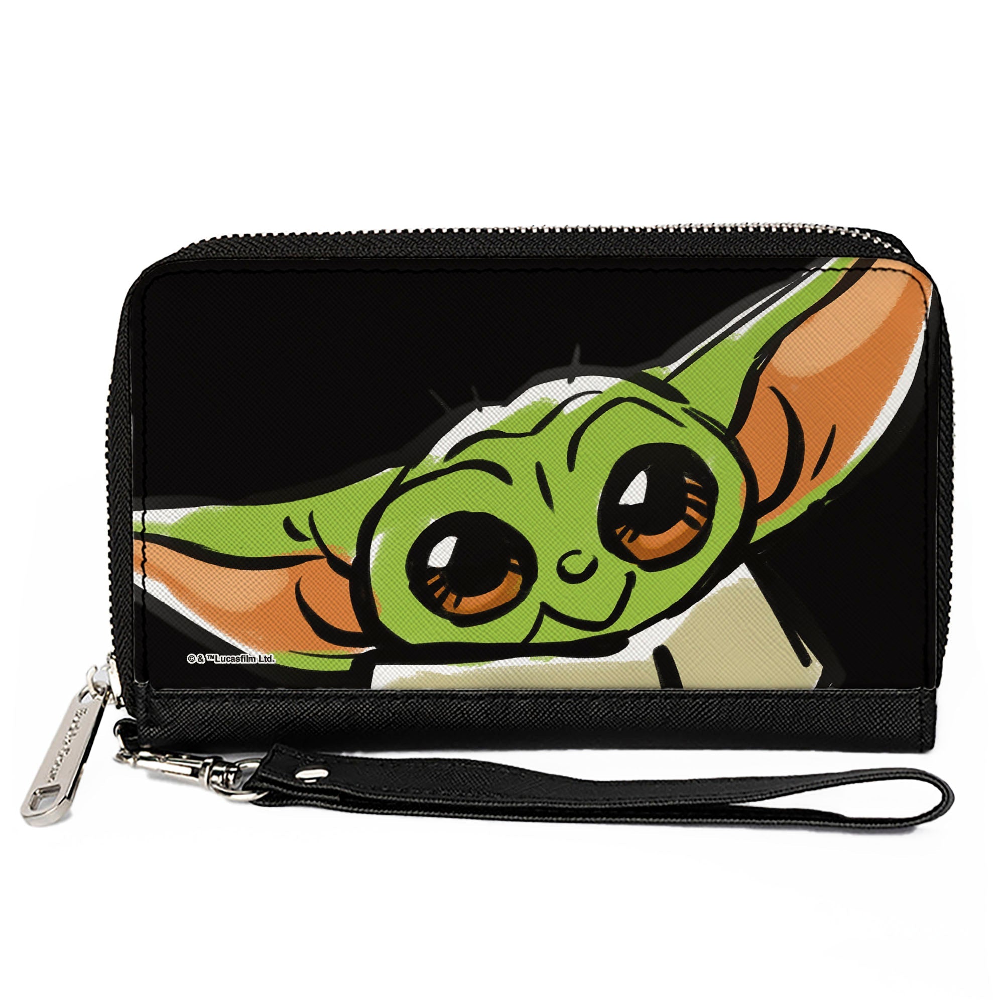 Women's PU Zip Around Wallet Rectangle - Star Wars The Child Smiling Impression Painting Tilt Black