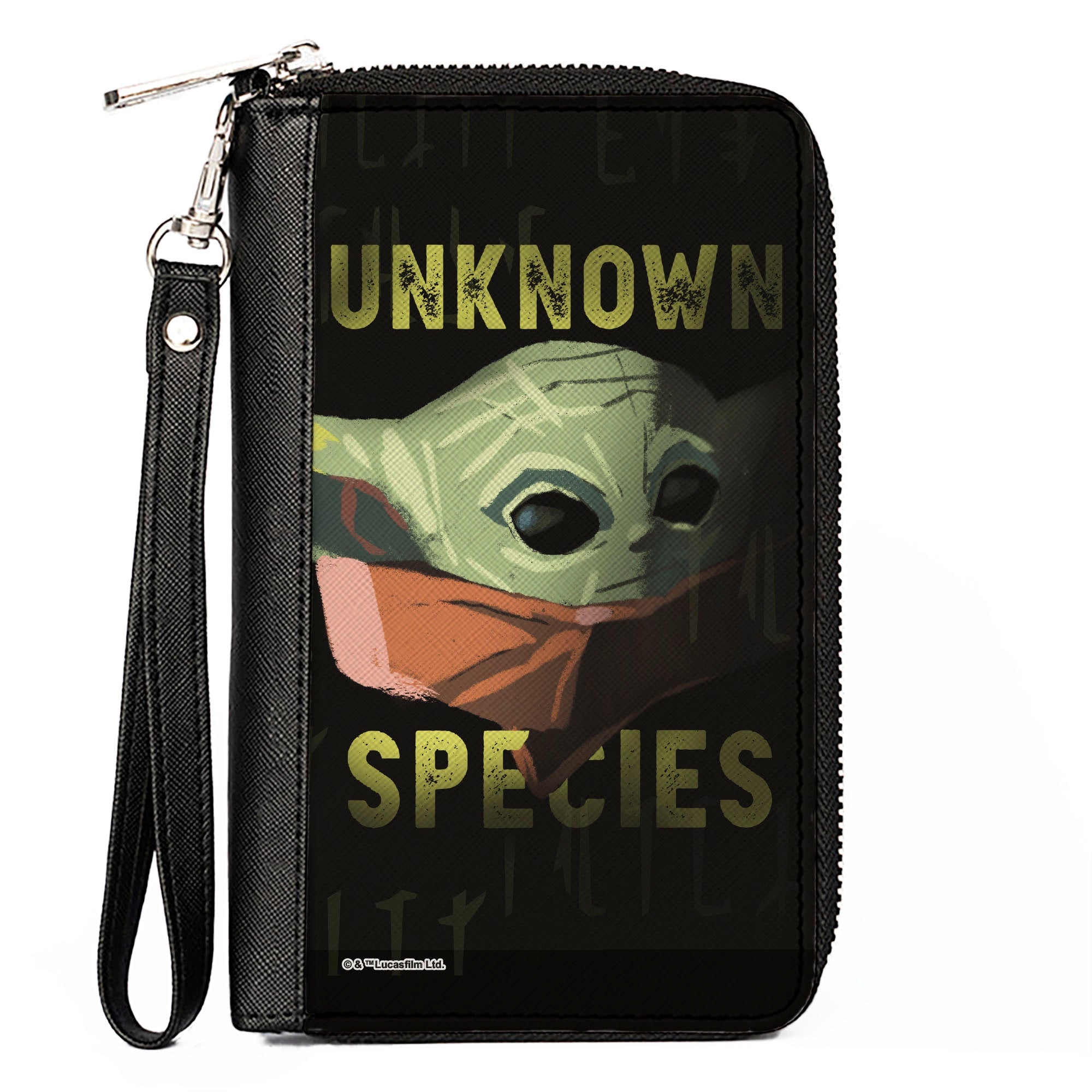 Women's PU Zip Around Wallet Rectangle - Star Wars The Child Stylized Face UNKNOWN SPECIES Black Green