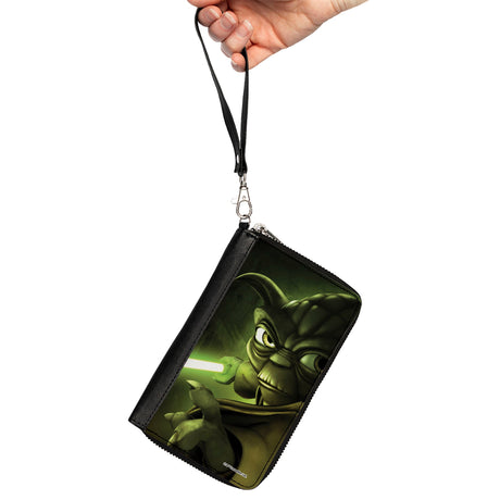 Women's PU Zip Around Wallet Rectangle - Star Wars the Clone Wars Yoda Lightsaber Pose Greens