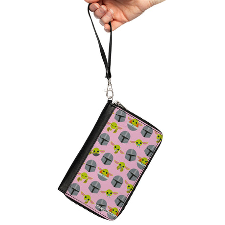 Women's PU Zip Around Wallet Rectangle - Star Wars The Mandalorian and Baby Yoda Poses Scattered Pink