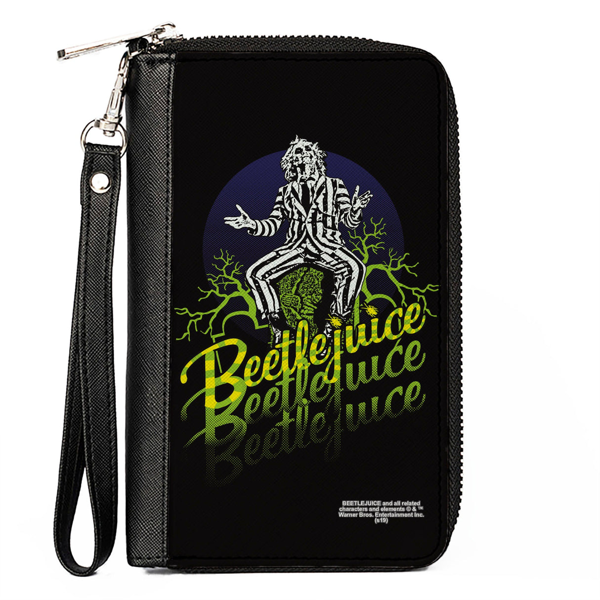 Women's PU Zip Around Wallet Rectangle - BEETLEJUICE Sitting on Tombstone Pose Trees Black Purple Green Yellow