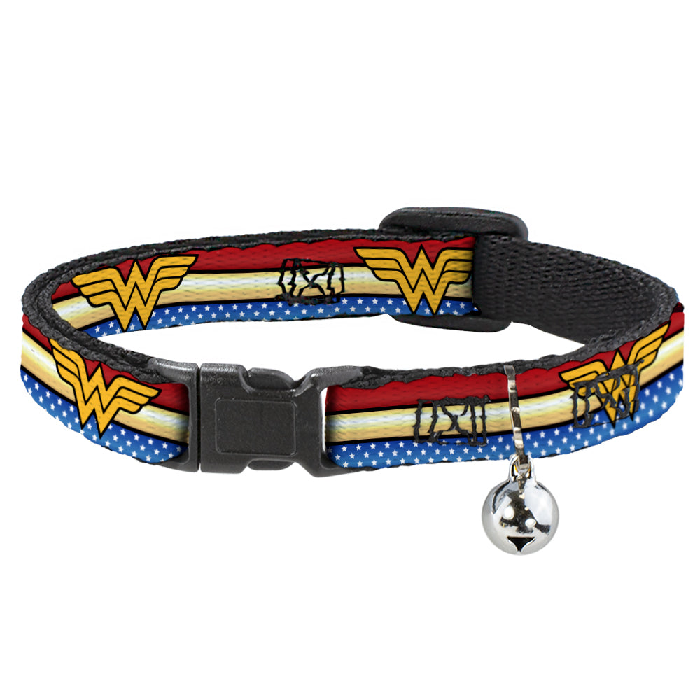 Cat Collar Breakaway - Wonder Woman Logo Stripe Stars Red Gold Blue White