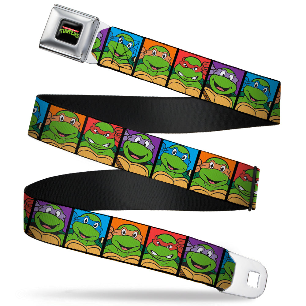 Classic TMNT Logo Full Color Seatbelt Belt - Classic Teenage Mutant Ninja Turtles Face Blocks Black/Multi Color Webbing