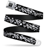 Superman Black Silver Seatbelt Belt - Superman Shield Splatter Black/White Webbing