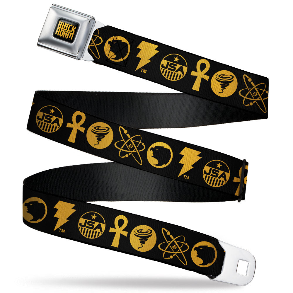 BLACK ADAM Title Logo Full Color Black/Yellows Seatbelt Belt - Black Adam Justice Society Icons Black/Orange Webbing