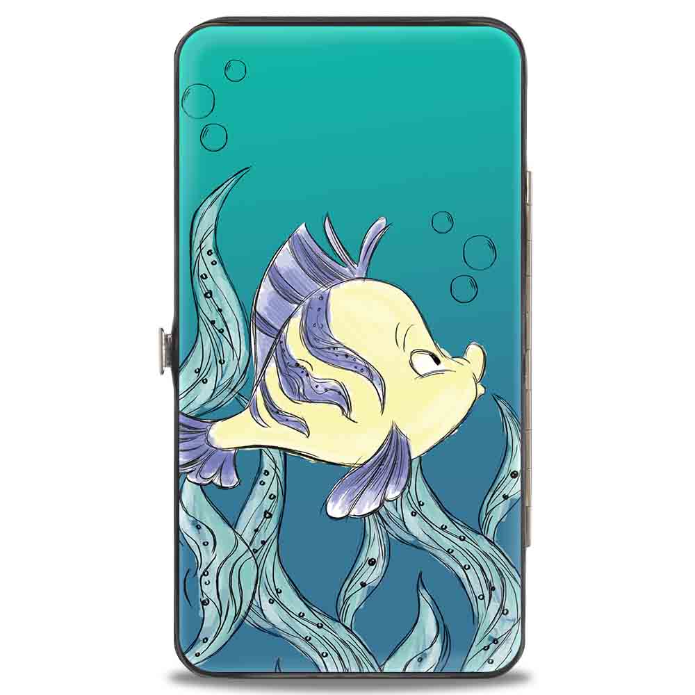 Hinged Wallet - The Little Mermaid Ariel Over Shoulder2 + Flounder Sketch Poses Kelp Blues