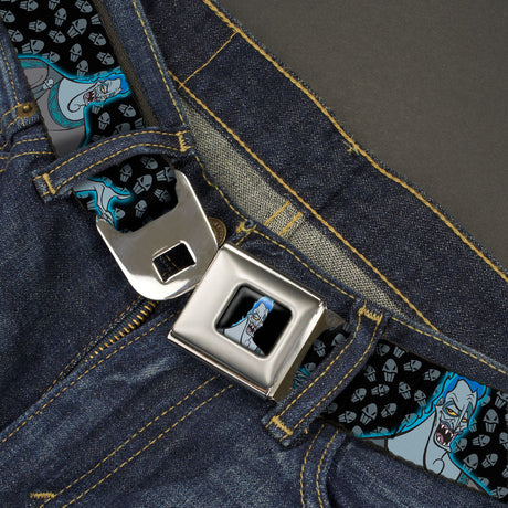 Hades Smiling Pose Full Color Black Seatbelt Belt - Hades Blue Glow Pose/Skull Icon Black/Gray Webbing